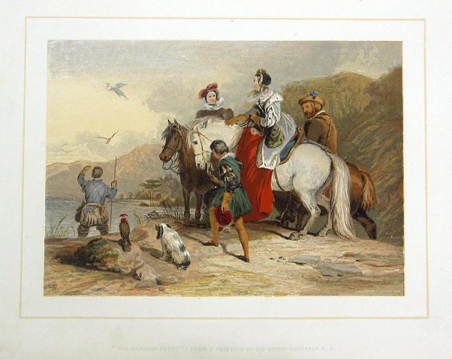 HORSES & HUNTERS MEDEIVAL HAWKING FALCONRY ~ Old 1851 Color LANDSCAPE Art Print
